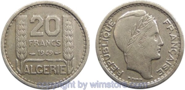 Algerien, 20 Francs 1949, KM 91, Ku/Ni, ss