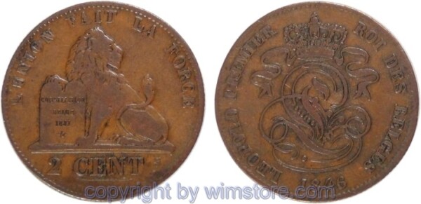 Belgien FR, 2 Centimes 1846, KM 4.2, Kupfer, -ss