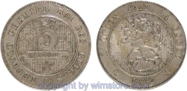 Belgien FR, 5 Centimes 1861 - 1864, KM 21, Ku/Ni