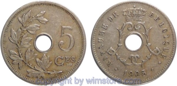 Belgien FR, 5 Centimes 1904 - 1907, KM 54, Ku/Ni