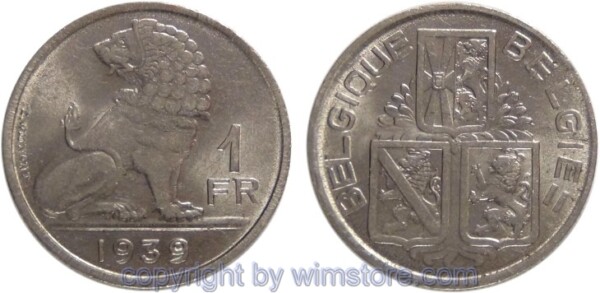 sm19246 Belgien FR, 1 Franc 1939, KM 119, Nickel