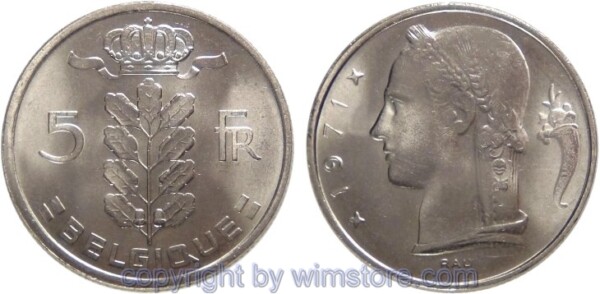 Belgien FR, 5 Francs 1948 - 1981, KM 134.1, Ku/Ni