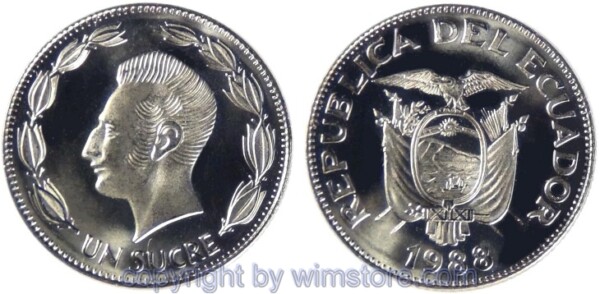 Ecuador, 1 Sucre 1988 - 1992, KM 89, Stahl vernickelt