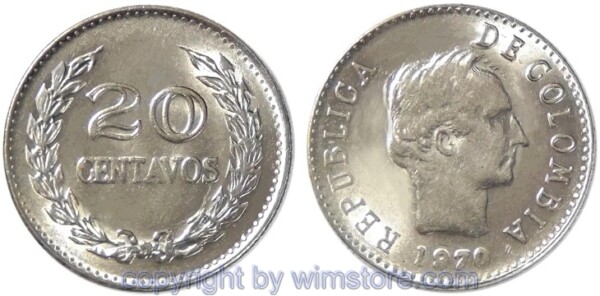 Kolumbien, 20 Centavos 1969, 1970, KM 237, Ku/Ni