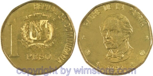 Dominikanische Republik, 1 Peso 1991 - 1992, Pablo Duarte, KM 80.1, Messing
