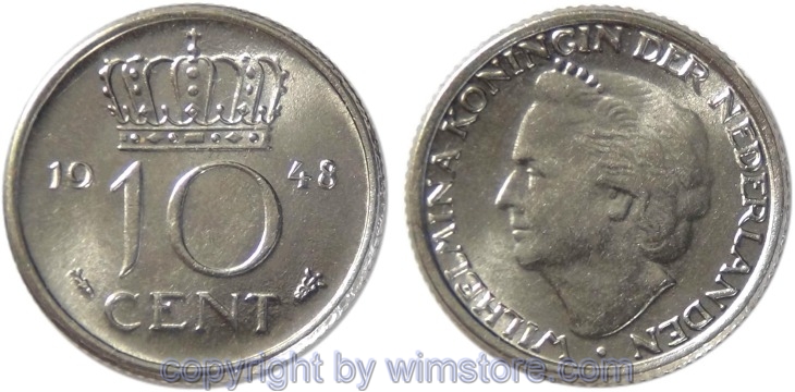Niederlande, 10 Cents 1948, KM 177, Nickel