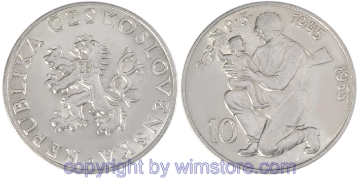 Tschechoslowakei, 10 Korun 1955, 10. Jahrestag der Befreiung, KM 42, Silber