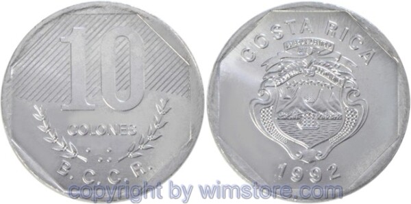 Costa Rica, 10 Colones 1983, 1992, KM 215.1, Stahl