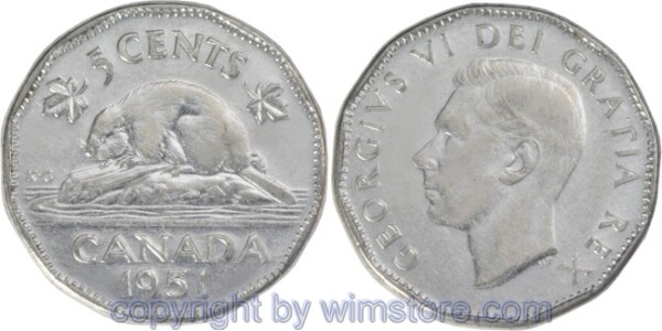 Kanada, 5 Cents 1951 - 1952, KM 42a, Stahl-Chrom/Nickel galvanisiert