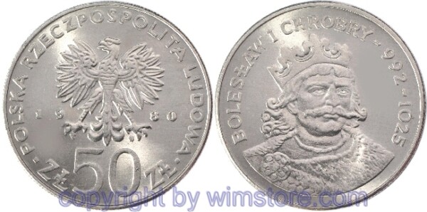 Polen, 50 Zlotych 1980, Polnische Könige und Fürsten - Boleslaus I. der Tapfere, Y 114, Ku/Ni