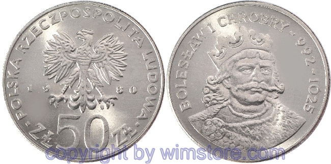 Polen, 50 Zlotych 1980, Polnische Könige und Fürsten - Boleslaus I. der Tapfere, Y 114, Ku/Ni