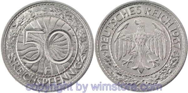 Weimarer Republik, 50 Reichspfennig 1927 - 1938, KM 49, Nickel