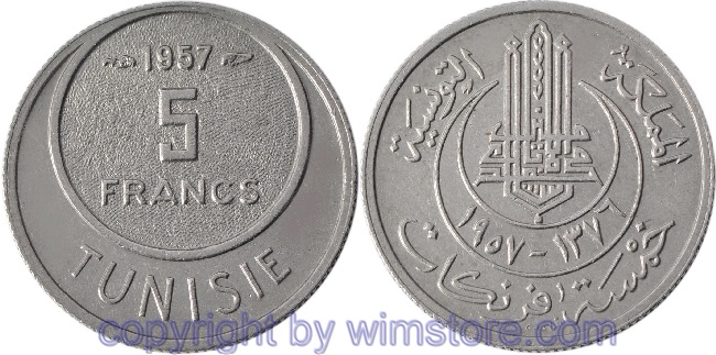 Tunesien, 5 Francs 1954, 1957, KM 277, Ku/Ni