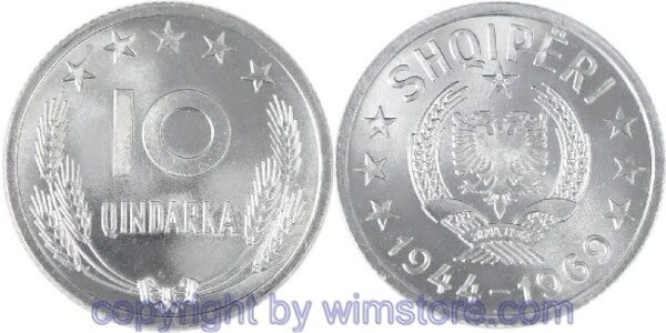 Albanien, 10 Qindarka 1969, 25. Jahrestag der Befreiung, KM 45, Aluminium