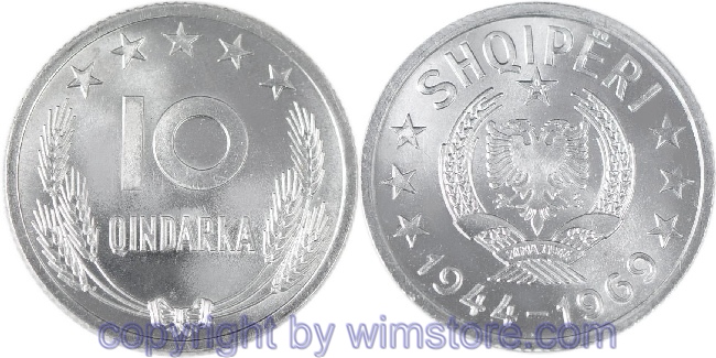 Albanien, 10 Qindarka 1969, 25. Jahrestag der Befreiung, KM 45, Aluminium