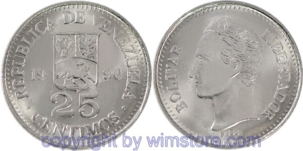 Venezuela, 25 Centimos 1989, 1990, KM 50a, Eisen vernickelt, st