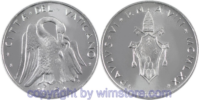 Vatikan, 5 Lire 1970 - 1977, Pelikan füttert seine Jungen, KM 118, Aluminium