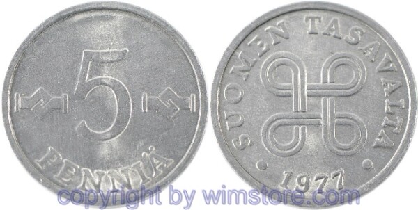 Finnland, 5 Penniä 1977 - 1990, KM 45a, Aluminium