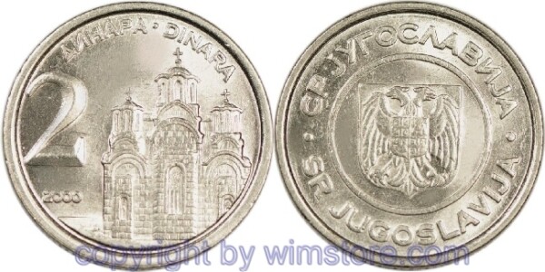 Jugoslawien, 2 Dinara 2000, 2002, KM 181, Ku/Ni/Zink