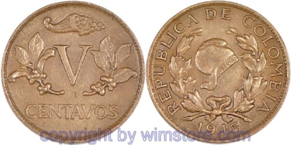 Kolumbien, 5 Centavos 1942 - 1966, KM 206, Bronze