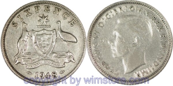 Australien, 6 Pence 1946, 1948, KM 38a, Silber