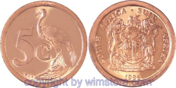 Südafrika, 5 Cents 1990 - 1995, KM 134, Stahl verkupfert