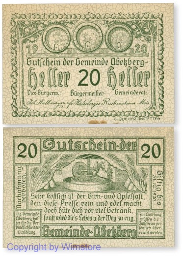 Abetzberg, G0001a1, 20 Heller; 1-, Stockflecke