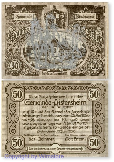 sn100149 Aisterheim, S0015ab, 50 Heller, Silberaufdruck Pflüger; 1