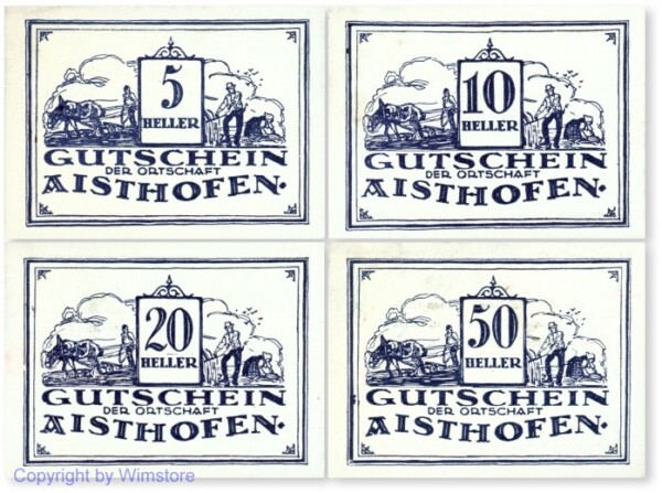 Aisthofen, S0016IIk, Serie 5, 10, 20, 50 Heller, blau, 2. Auflage, Gemeindestempel; 1