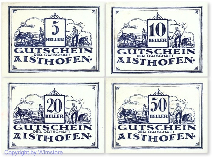 Aisthofen, S0016IIk, Serie 5, 10, 20, 50 Heller, blau, 2. Auflage, Gemeindestempel; 1