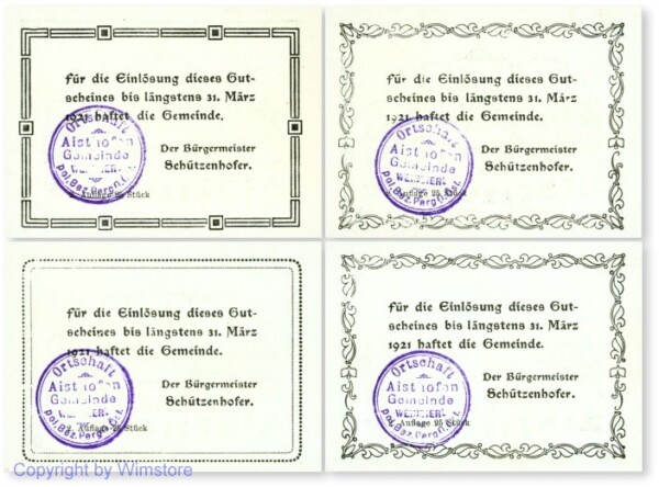 Aisthofen, S0016IIm, Serie 5, 10, 20, 50 Heller, grün, 2. Auflage, Gemeindestempel; 1