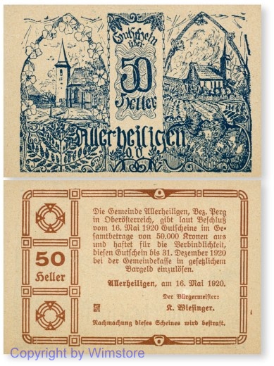 sn100222 Allerheiligen, G0021a2, 50 Heller, Bild blau, Papier gelblich ohne Fasern; 1