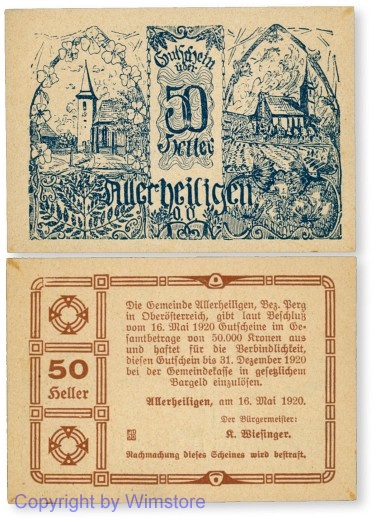 sn100223 Allerheiligen, G0021a2, 50 Heller, Bild blau, Papier gelblich ohne Fasern; 1-