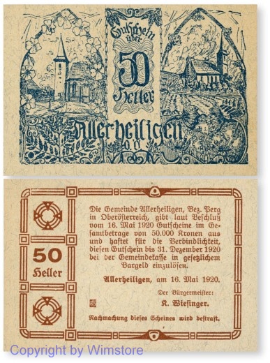 sn100224 Allerheiligen, G0021a3, 50 Heller, Bild blau, Papier gelblich mit Fasern; 1