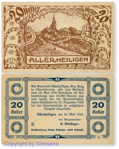 sn100229 Allerheiligen, G0021b1b2, 20 Heller, Bild braun, Papier gelblich ohne Fasern; 1