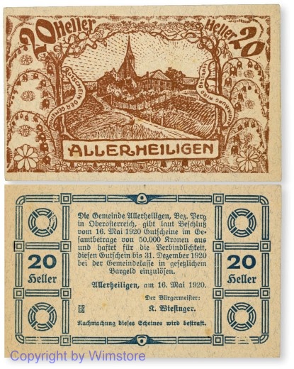sn100232 Allerheiligen, G0021b1b3, 20 Heller, Bild braun, Papier gelblich mit Fasern; 1-