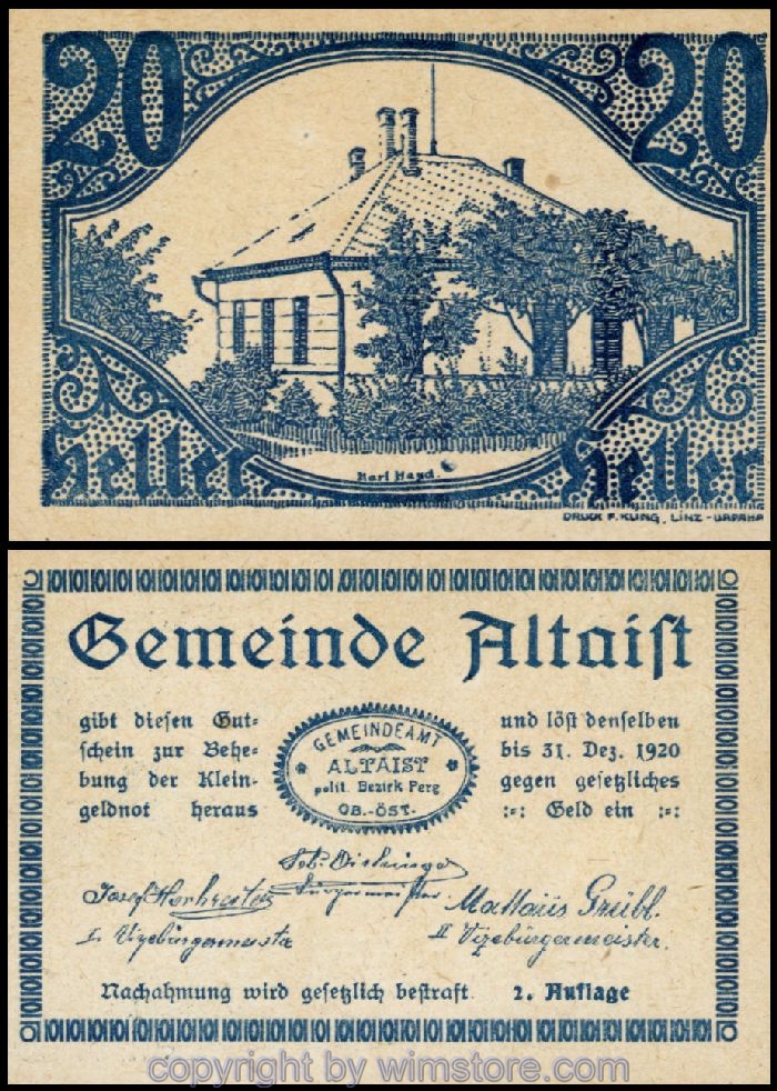 sn100267 Altaist, G0023IbA, 20 Heller, 05, 2. Auflage, weiss; 1-, kleiner Papierverlust am unteren Rand