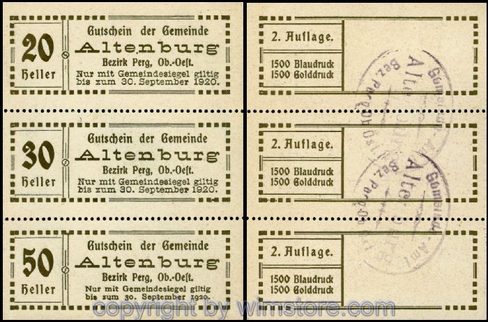 Altenburg, G0026IIb, Serie 20, 30, 50 Heller, 2. Auflage (1.500 Stück), Druck gold, Block; 1