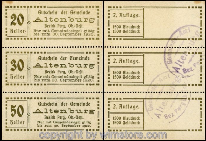 Altenburg, G0026IIb, Serie 20, 30, 50 Heller, 2. Auflage (1.500 Stück), Druck gold, Block; 1-