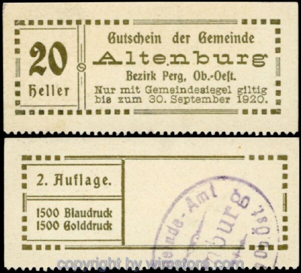Altenburg, G0026IIb, 20 Heller, 2. Auflage (1.500 Stück), Druck gold, geschnitten; 1
