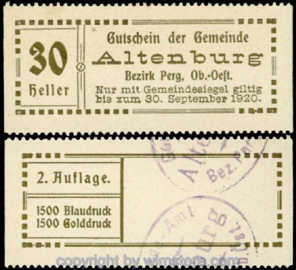 Altenburg, G0026IIb, 30 Heller, 2. Auflage (1.500 Stück), Druck gold, geschnitten; 1
