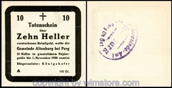 Altenburg, G0026IIIa, 10 Heller, Totenschein Serie A (Auflage 500 Stück); 1