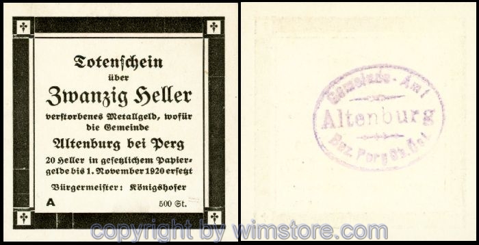 Altenburg, G0026IIIa, 20 Heller, Totenschein Serie A (Auflage 500 Stück); 1