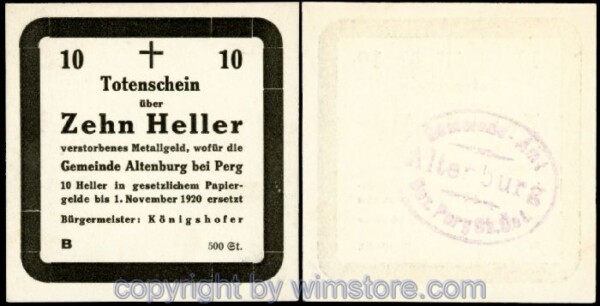 Altenburg, G0026IIIa, 10 Heller, Totenschein Serie B (Auflage 500 Stück); 1