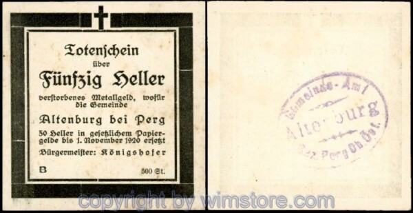 Altenburg, G0026IIIa, 50 Heller, Totenschein Serie B (Auflage 500 Stück); 1-