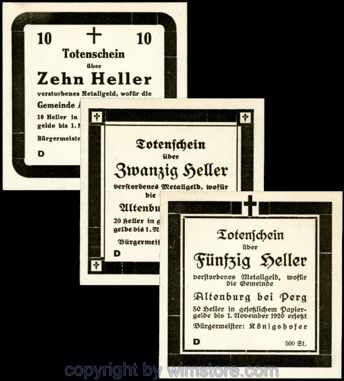 Altenburg, G0026IIIa, Serie 10, 20, 50 Heller, Totenschein Serie D (Auflage 500 Stück); 1