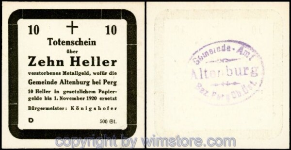 Altenburg, G0026IIIa, 10 Heller, Totenschein Serie D (Auflage 500 Stück); 1