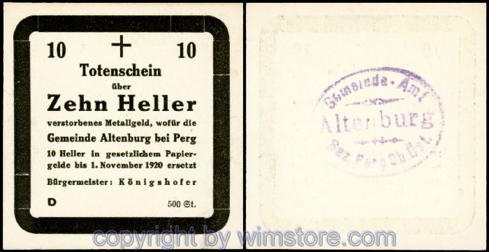 Altenburg, G0026IIIa, 10 Heller, Totenschein Serie D (Auflage 500 Stück); 1