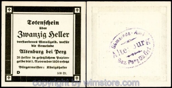 Altenburg, G0026IIIa, 20 Heller, Totenschein Serie D (Auflage 500 Stück); 1