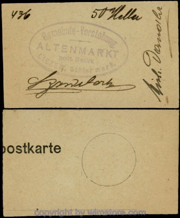 Altenmarkt, G0028Ia03, 50 Heller, auf Postkarte; Erhaltung siehe Bild